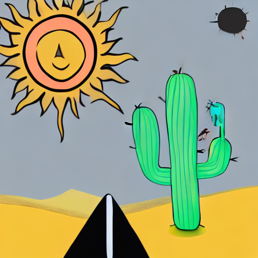 A drawing of a cactus and a sun with a black mountain in the background. AI image generated of A drawing of a cactus and a sun with a black mountain in the background.